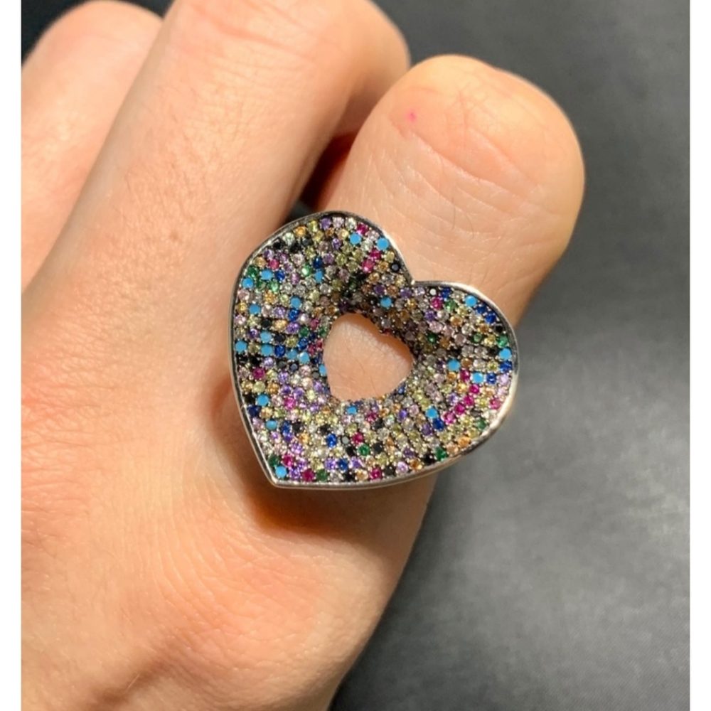 Lovely Sapphire & Gemstone Heart Sterling Silver (925) Ring Size 9.5